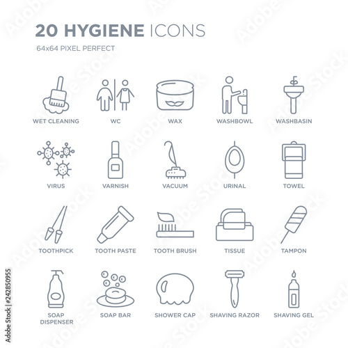 Collection of 20 Hygiene linear icons such as wet cleaning, Wc, Shower cap, soap bar, dispenser, Washbasin, Urinal line icons with thin line stroke, vector illustration of trendy icon set.