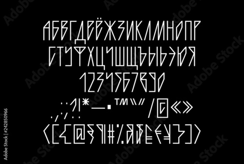 Sharp gothic neon linear tube font, uppercase and lowercase geometric sans serif Cyrillic type, numerals and symbols, thin and angled minimalistic tattoo letters for neon signs, invitations and art