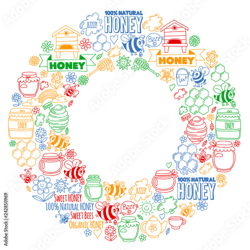 Vector image of bees, organic farm honey. Pattern with summer flowers. Healthy food.