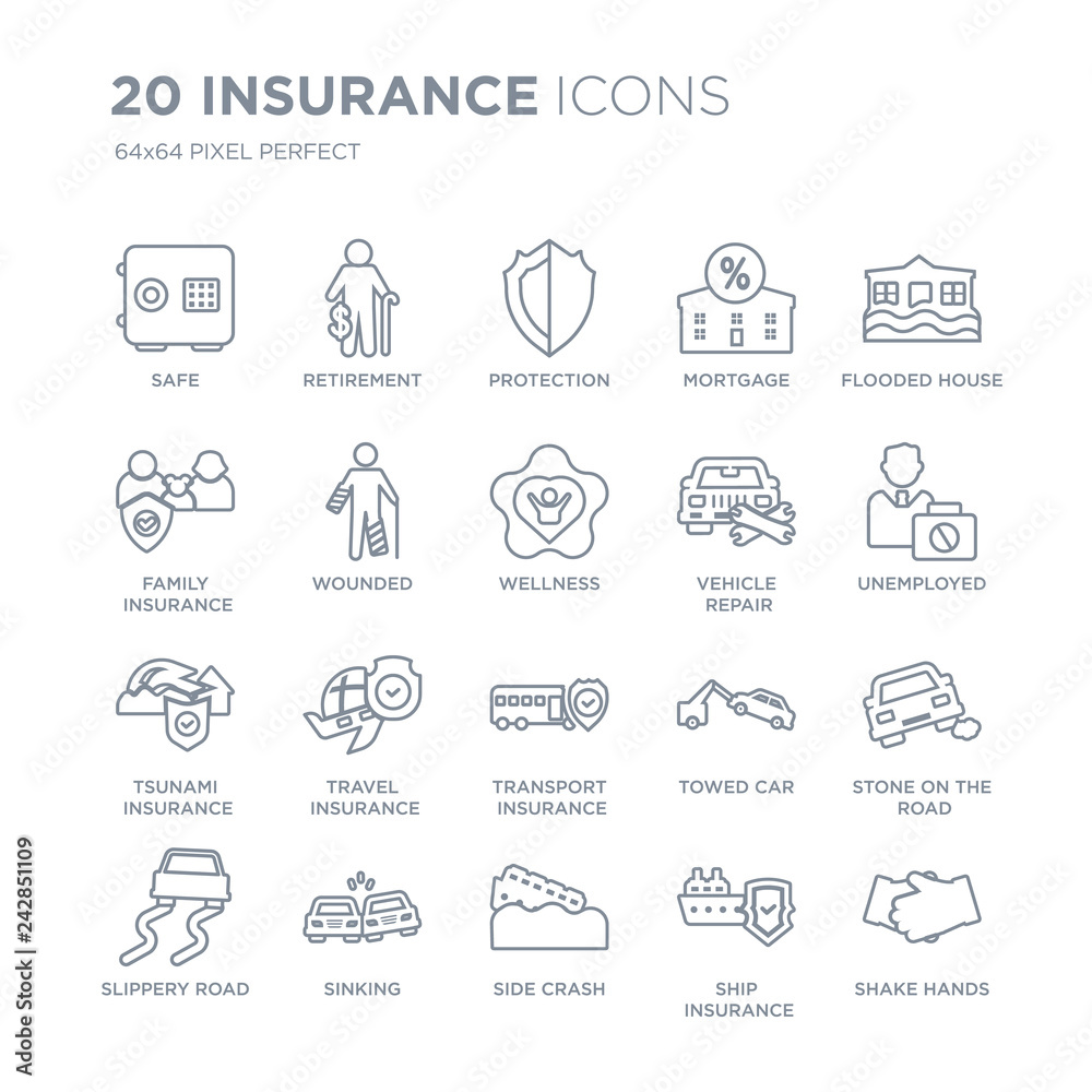Collection of 20 Insurance linear icons such as Safe, Retirement, Side crash, Sinking, Slippery road, Flooded house line icons with thin line stroke, vector illustration of trendy icon set.