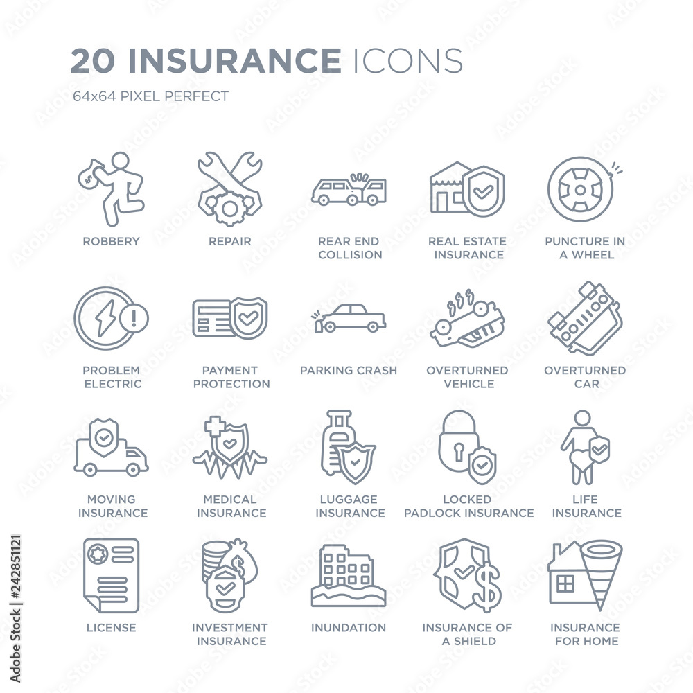 Collection of 20 Insurance linear icons such as Robbery, Repair, Inundation, Investment insurance, License line icons with thin line stroke, vector illustration of trendy icon set.
