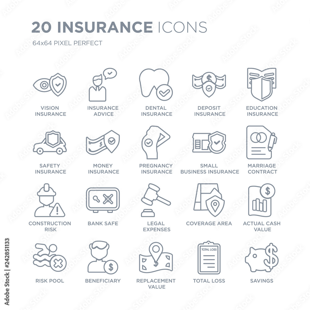 Collection of 20 Insurance linear icons such as vision insurance, insurance advice, replacement value, Beneficiary, risk pool line icons with thin line stroke, vector illustration of trendy icon set.