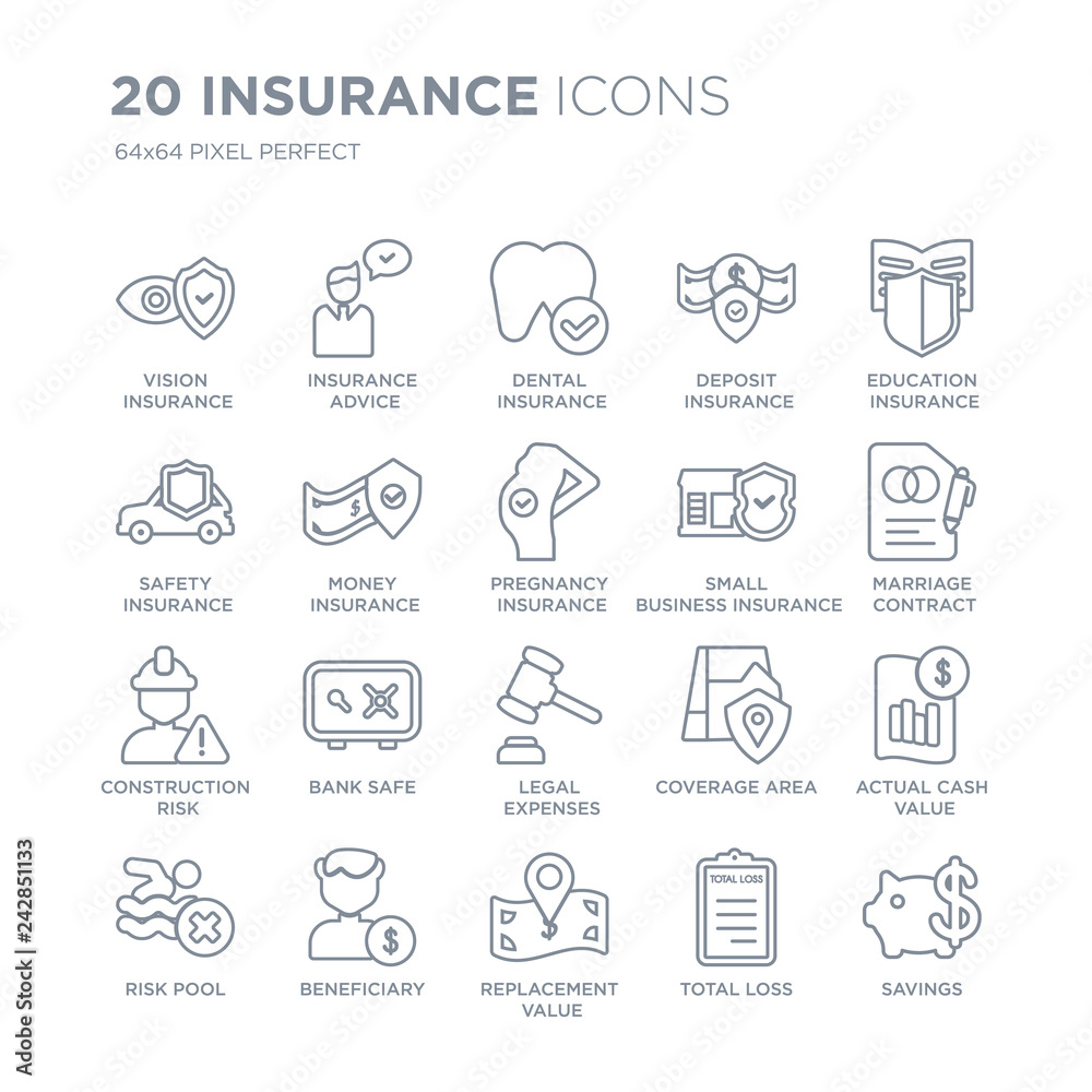 Collection of 20 Insurance linear icons such as vision insurance, insurance advice, replacement value, Beneficiary, risk pool line icons with thin line stroke, vector illustration of trendy icon set. Collection of 20 Insurance linear icons such as vision insurance, insurance advice, replacement value, Beneficiary, risk pool line icons with thin line stroke, vector illustration of trendy icon set.
