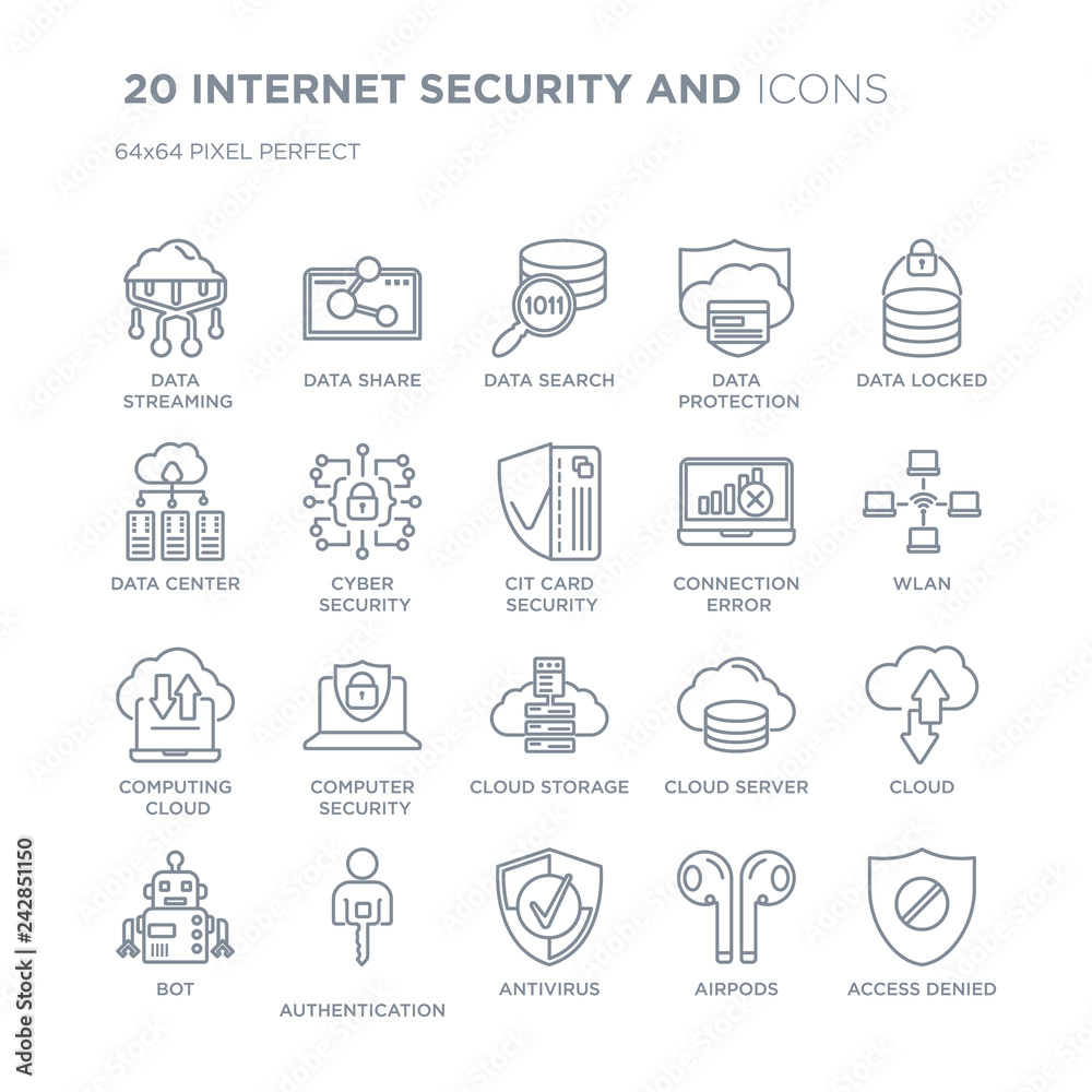 Collection of 20 INTERNET SECURITY AND linear icons such as data streaming, Data share, Antivirus, Authentication, Bot line icons with thin line stroke, vector illustration of trendy icon set.