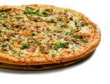 Pizza close-up, on a white background, shallow depth of field