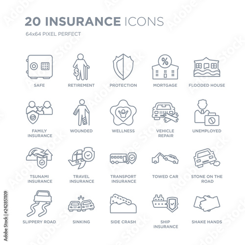 Collection of 20 Insurance linear icons such as Safe, Retirement, Side crash, Sinking, Slippery road, Flooded house line icons with thin line stroke, vector illustration of trendy icon set.