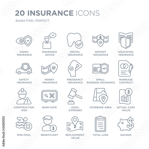 Collection of 20 Insurance linear icons such as vision insurance, insurance advice, replacement value, Beneficiary, risk pool line icons with thin line stroke, vector illustration of trendy icon set.