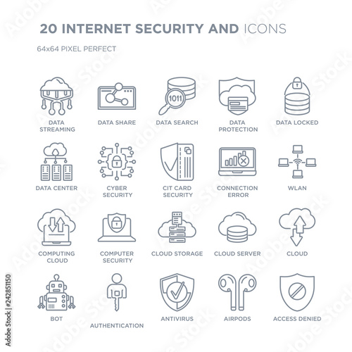 Collection of 20 INTERNET SECURITY AND linear icons such as data streaming, Data share, Antivirus, Authentication, Bot line icons with thin line stroke, vector illustration of trendy icon set.