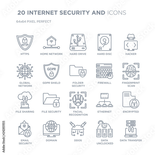 Collection of 20 INTERNET SECURITY AND linear icons such as Https, Home network, Ddos, domain, Email security, Hacker line icons with thin line stroke, vector illustration of trendy icon set.