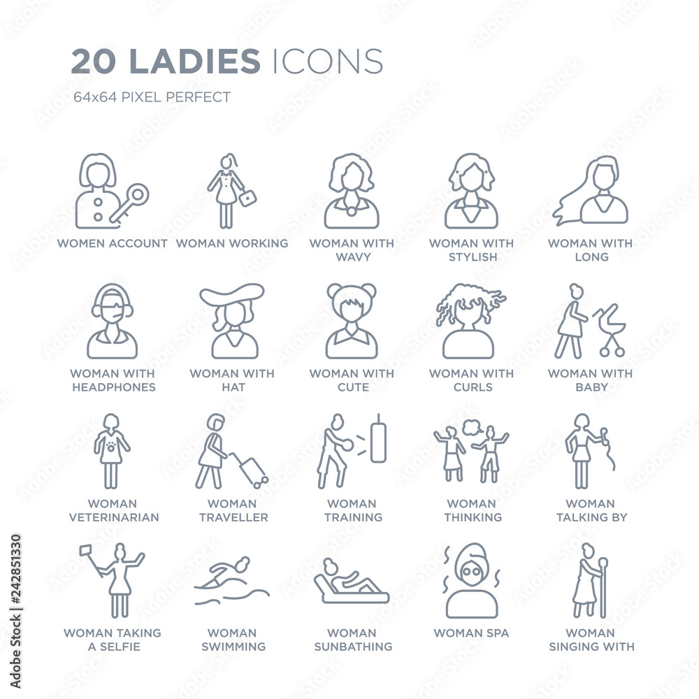 Collection of 20 Ladies linear icons such as Women Account, Woman Working, Sunbathing, Swimming line icons with thin line stroke, vector illustration of trendy icon set. Collection of 20 Ladies linear icons such as Women Account, Woman Working, Sunbathing, Swimming line icons with thin line stroke, vector illustration of trendy icon set.