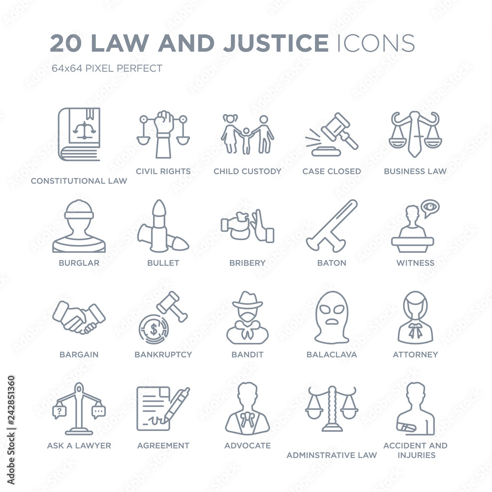Collection of 20 law and justice linear icons such as constitutional law, civil rights, advocate, Agreement, ask a lawyer line icons with thin line stroke, vector illustration of trendy icon set.