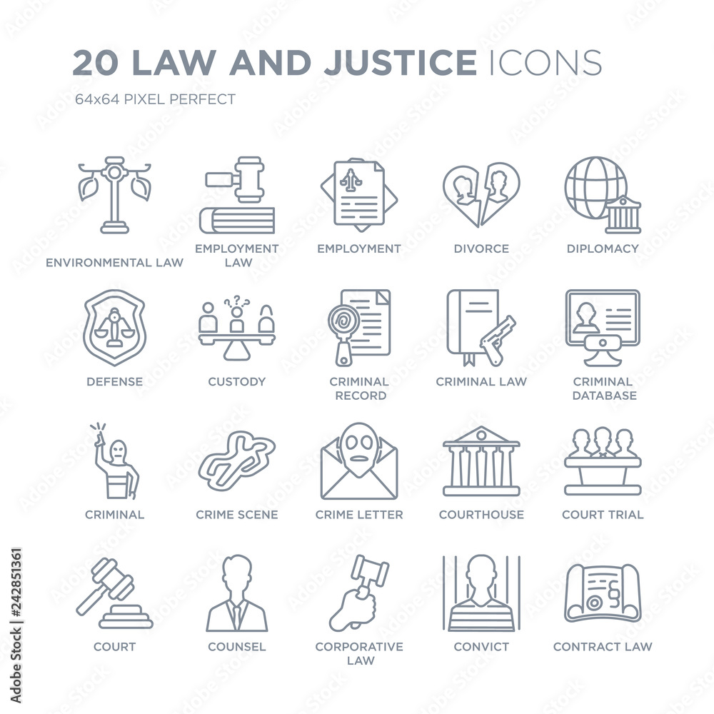 Collection of 20 law and justice linear icons such as environmental law, employment corporative counsel, Court line icons with thin line stroke, vector illustration of trendy icon set. Collection of 20 law and justice linear icons such as environmental law, employment corporative counsel, Court line icons with thin line stroke, vector illustration of trendy icon set.