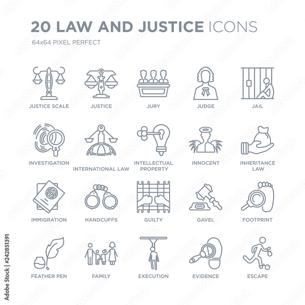 Collection of 20 law and justice linear icons such as scale, Justice, Execution, Family, Feather pen, Jail, Innocent line icons with thin line stroke, vector illustration of trendy icon set. Collection of 20 law and justice linear icons such as scale, Justice, Execution, Family, Feather pen, Jail, Innocent line icons with thin line stroke, vector illustration of trendy icon set.