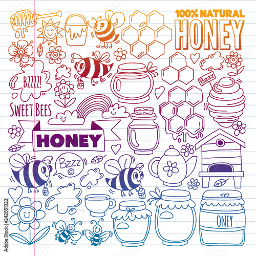 Vector image of bees, organic farm honey. Pattern with summer flowers. Healthy food.