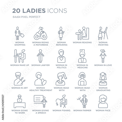 Collection of 20 Ladies linear icons such as Woman Shopping, Riding a Motorbike, Fishing, Giving Speech line icons with thin line stroke, vector illustration of trendy icon set.
