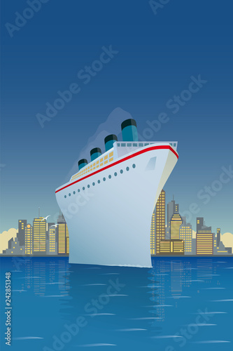 Vintage Cruise Ship in front of city skyline vector illustration