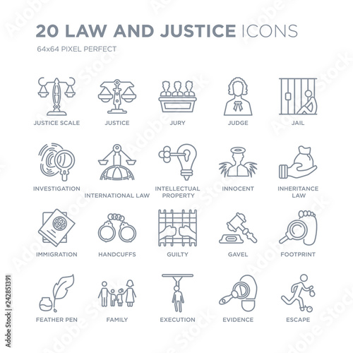 Collection of 20 law and justice linear icons such as scale, Justice, Execution, Family, Feather pen, Jail, Innocent line icons with thin line stroke, vector illustration of trendy icon set.