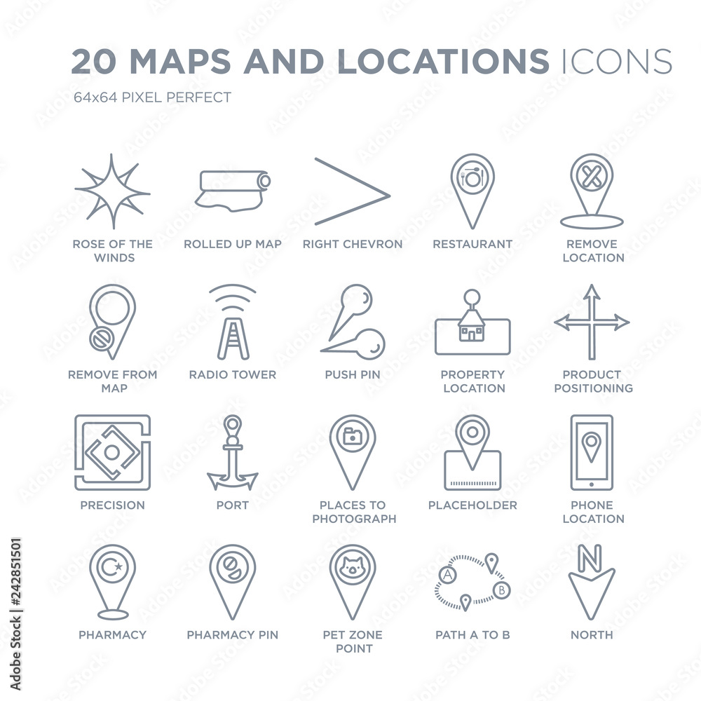 Collection of 20 Maps and Locations linear icons such as Rose the Winds, Rolled Up Map, Pet Zone Point, Pharmacy Pin line icons with thin line stroke, vector illustration of trendy icon set.