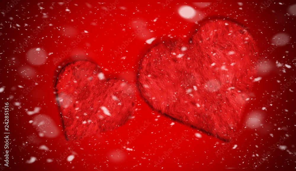 Romantic love  red hearts with smoke on background for copy space. With snow texture overlays