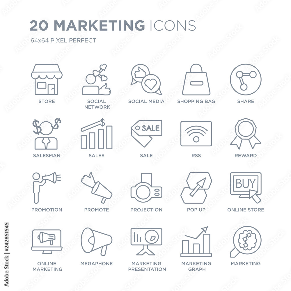 Collection of 20 Marketing linear icons such as Store, Social network, marketing Presentation, Megaphone, Online line icons with thin line stroke, vector illustration of trendy icon set.