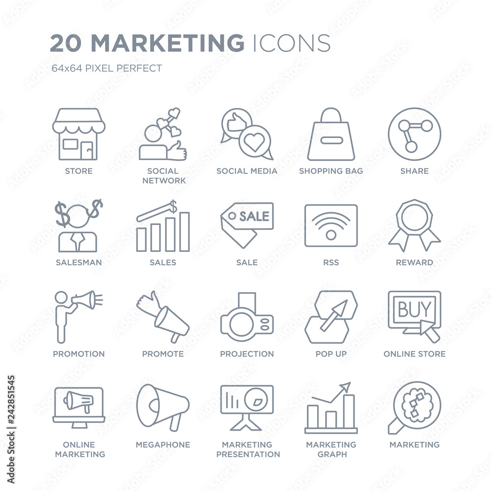 Collection of 20 Marketing linear icons such as Store, Social network, marketing Presentation, Megaphone, Online line icons with thin line stroke, vector illustration of trendy icon set. Collection of 20 Marketing linear icons such as Store, Social network, marketing Presentation, Megaphone, Online line icons with thin line stroke, vector illustration of trendy icon set.