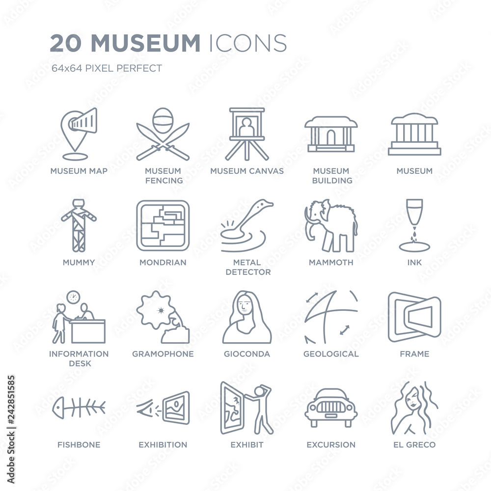 Collection of 20 Museum linear icons such as museum Map, Fencing, Exhibit, Exhibition, Fishbone, Museum, Mammoth line icons with thin line stroke, vector illustration of trendy icon set.