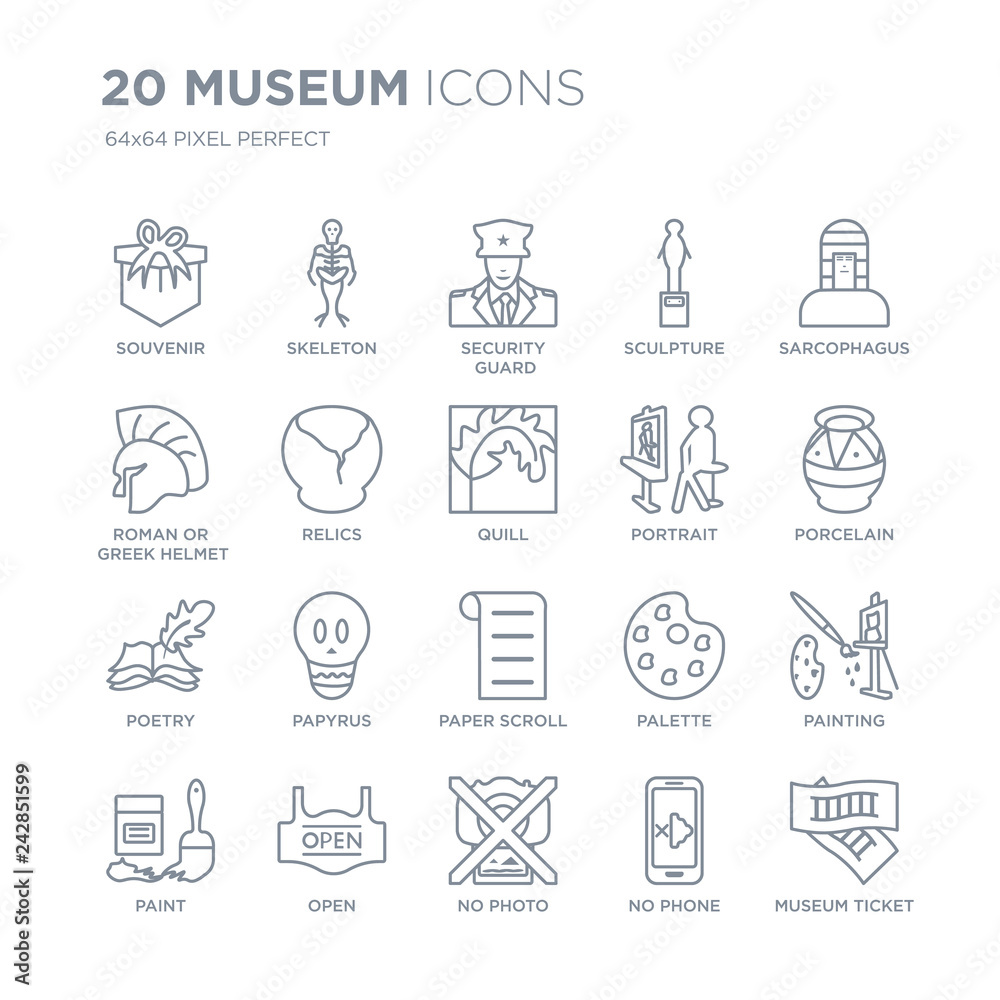 Collection of 20 Museum linear icons such as Souvenir, Skeleton, No photo, Open, Paint, Sarcophagus, Portrait, paper Scroll line icons with thin line stroke, vector illustration of trendy icon set.