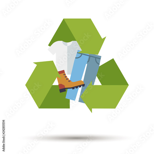 Flat design shoes and clothing recycling symbol vector