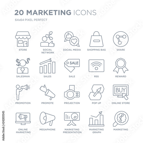 Collection of 20 Marketing linear icons such as Store  Social network  marketing Presentation  Megaphone  Online line icons with thin line stroke  vector illustration of trendy icon set.