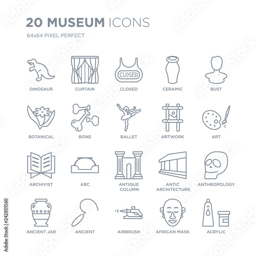 Collection of 20 Museum linear icons such as Dinosaur, Curtain, Airbrush, Ancient, Ancient jar, Bust, Artwork, antique Column line icons with thin line stroke, vector illustration of trendy icon set.