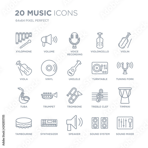 Collection of 20 Music linear icons such as Xylophone, Volume, Speaker, Synthesizer, Tambourine, Violin, Turntable, Trombone line icons with thin line stroke, vector illustration of trendy icon set.