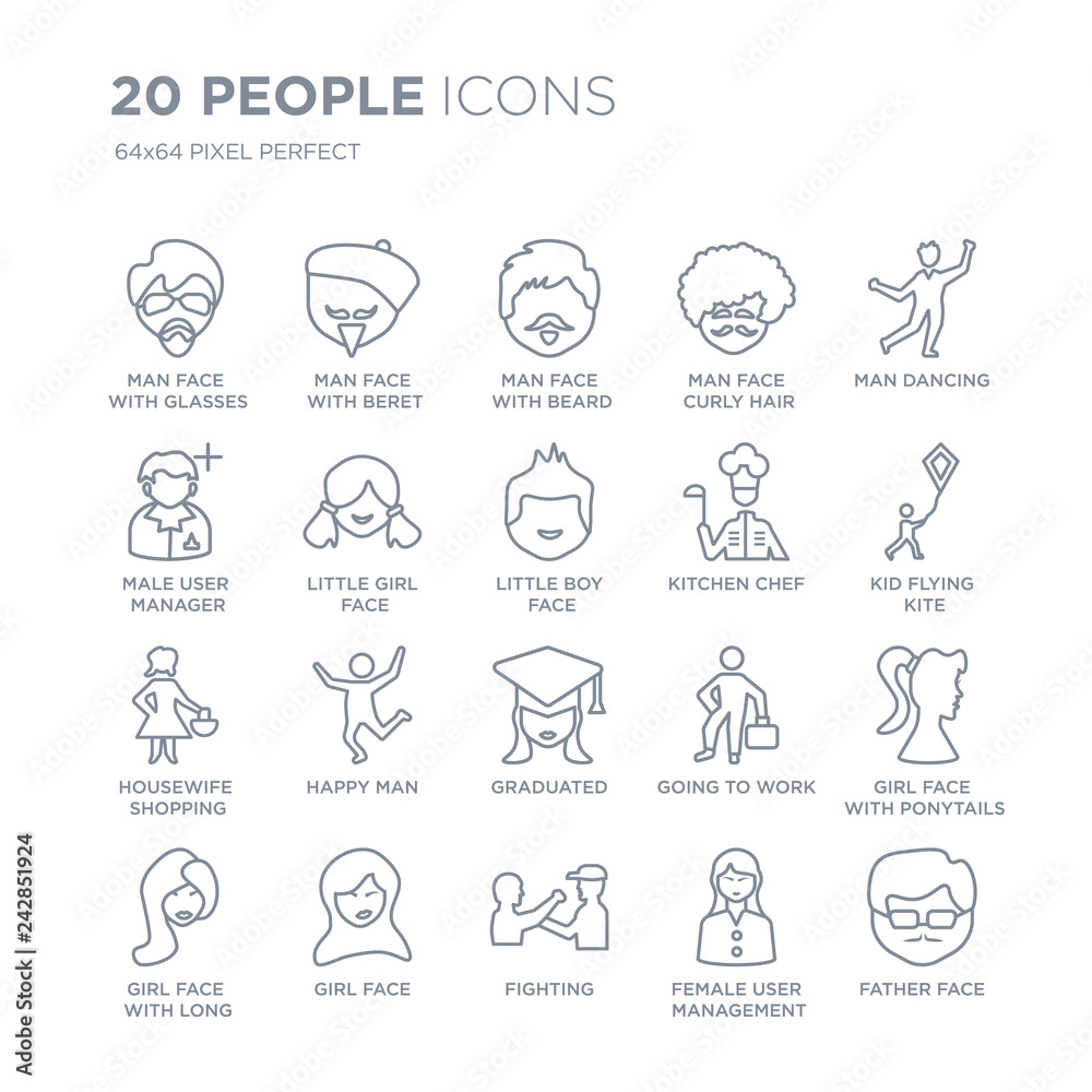 Collection of 20 People linear icons such as Man face with glasses and goatee, beret Fighting, Girl line icons with thin line stroke, vector illustration of trendy icon set.