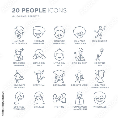 Collection of 20 People linear icons such as Man face with glasses and goatee  beret Fighting  Girl line icons with thin line stroke  vector illustration of trendy icon set.