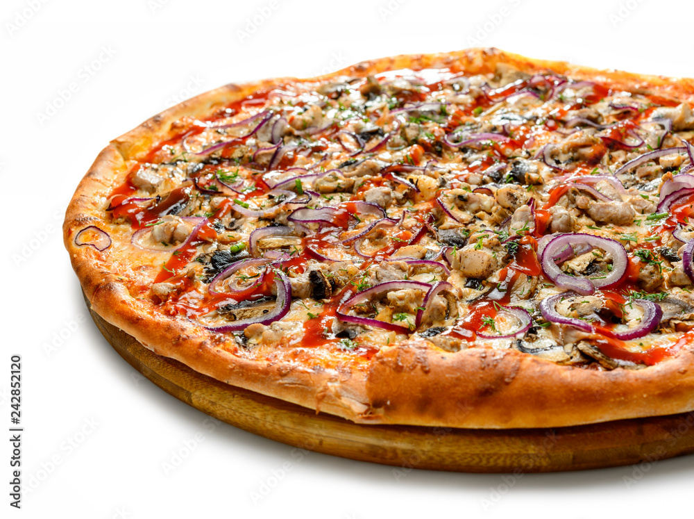 Pizza close-up, on a white background, shallow depth of field
