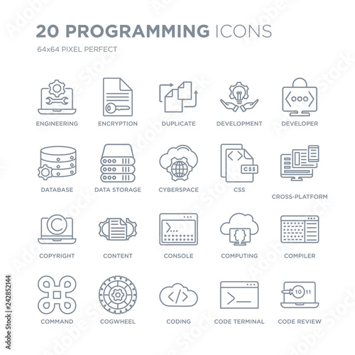 Collection of 20 Programming linear icons such as Engineering  Encryption  Coding  Cogwheel  Command  Developer  Css  Console line icons with thin line stroke  vector illustration of trendy icon set.