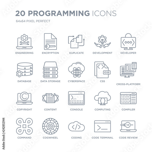 Collection of 20 Programming linear icons such as Engineering, Encryption, Coding, Cogwheel, Command, Developer, Css, Console line icons with thin line stroke, vector illustration of trendy icon set.