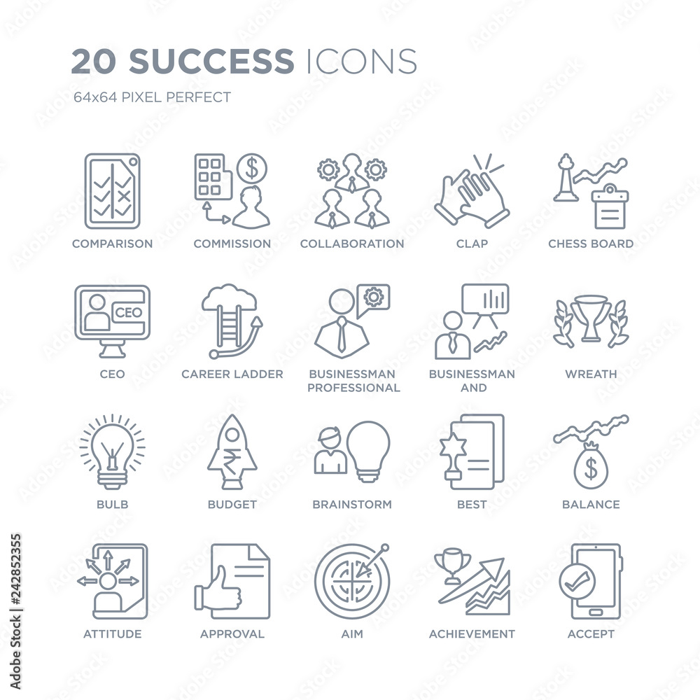 Collection of 20 Success linear icons such as Comparison, Commission, Aim, Approval, Attitude, Chess board line icons with thin line stroke, vector illustration of trendy icon set.