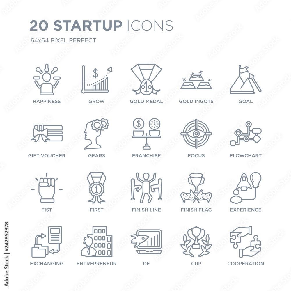 Collection of 20 Startup linear icons such as Happiness, Grow, De, Entrepreneur, Exchanging, Goal, Focus, Finish line, Fist line icons with thin line stroke, vector illustration of trendy icon set.