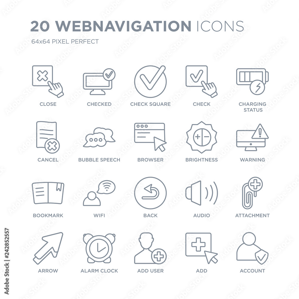 Collection of 20 Webnavigation linear icons such as Close, Checked, Add user, Alarm clock, Arrow, Charging status, Brightness line icons with thin line stroke, vector illustration of trendy icon set. Collection of 20 Webnavigation linear icons such as Close, Checked, Add user, Alarm clock, Arrow, Charging status, Brightness line icons with thin line stroke, vector illustration of trendy icon set.