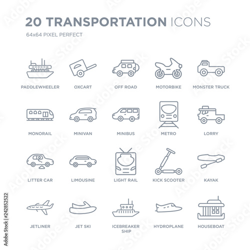 Collection of 20 Transportation linear icons such as paddlewheeler, oxcart, icebreaker ship, Jet ski, jetliner, Monster truck line icons with thin line stroke, vector illustration of trendy icon set.