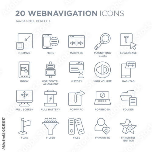 Collection of 20 Webnavigation linear icons such as Minimize, Menu, Files, Filter, Flag, Lowercase, High Volume, Forward line icons with thin line stroke, vector illustration of trendy icon set.