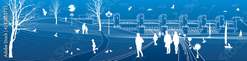 Urban life. City embankment. People walk along the sidewalk. Evening illuminated park. Kids playing. Birds flying. Hydro power plant. River Dam, energy station, water power. Vector design art