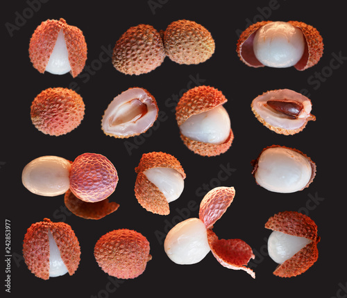 Collection of fresh lychees isolated on black background, macro. Tropical peeled lychee fruits. Litchi chinensis, pinyin, soapberry family, Sapindaceae photo