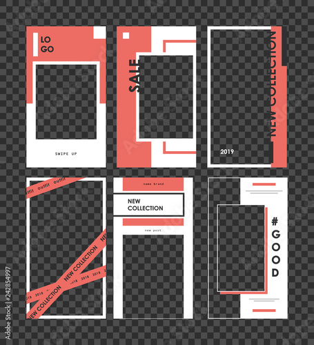 Stories Mockup. Editable template for social networks stories. Design backgrounds for social media. Photo frame.  Vector illustration isolated on transparent background