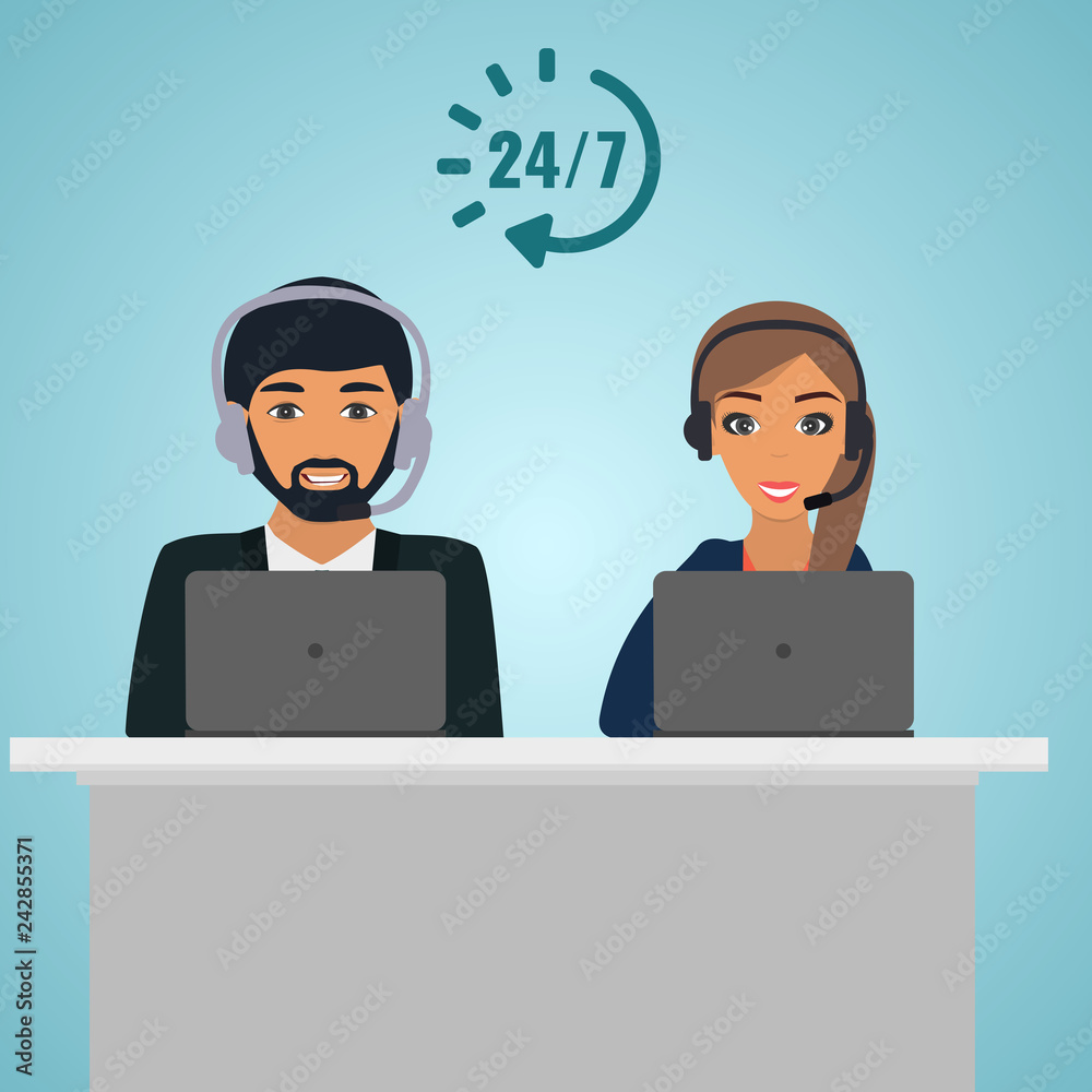 Male and female call center service 24 hours. Operator consultants woman and man at the table with laptop. Conceptual of client services and communication.Vector illustration Male and female call center service 24 hours. Operator consultants woman and man at the table with laptop. Conceptual of client services and communication.Vector illustration