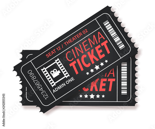 Cinema Ticket. Two designed cinema tickets close up top view. Cinema, theater, concert, play, party, event, festival black and gold ticket realistic template set