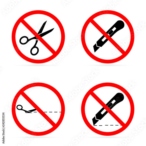 Do not open with a knife or scissors. Cut line with scissors and stationery knife. No, Ban or Stop signs