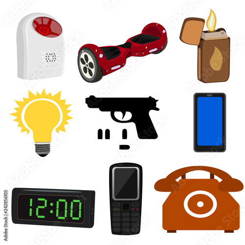 Vector illustration of modern items isolated. Set of icons of electronic gadgets and items. Security alarm sensor and hoverboard, gas lighter and light bulb, a gun and a smartphone and mobile phone