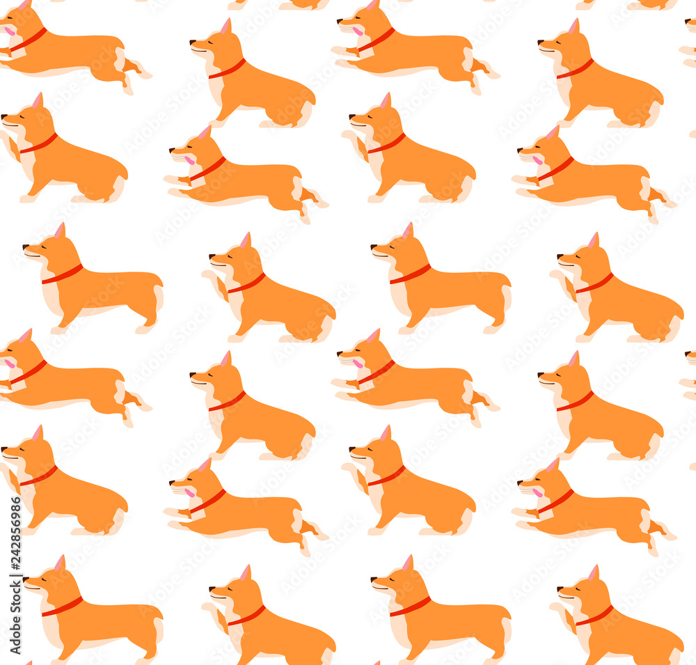 Set of poses and emotions dog seamless pattern. Welsh Corgi Set.
