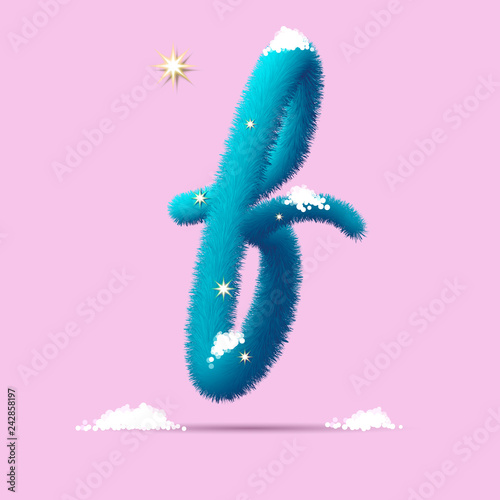 Fluffy 3D winter letters for advertising, posters, postcards and website design.Christmas fluffy and shaggy letter f. Fur blue letter f. Children's fluffy letter on the snow.